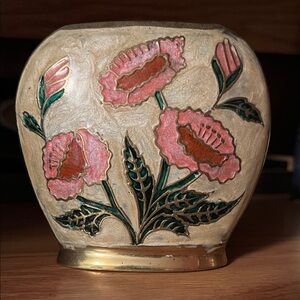 Floral Metal Vase with Pink and Green Design